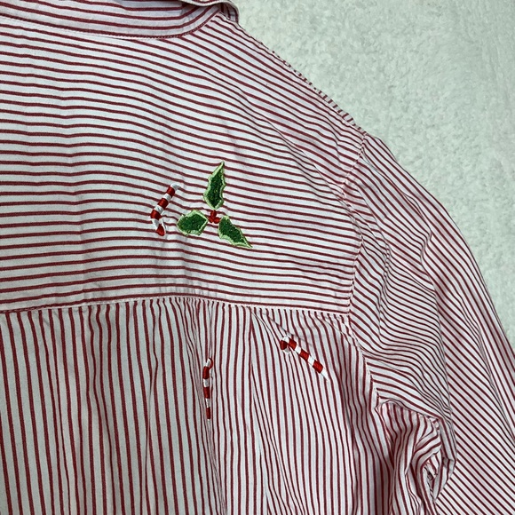 QUACKER FACTORY sz X Large Blouse Button Front Christmas Pinstripe Candy Canes - Picture 6 of 7